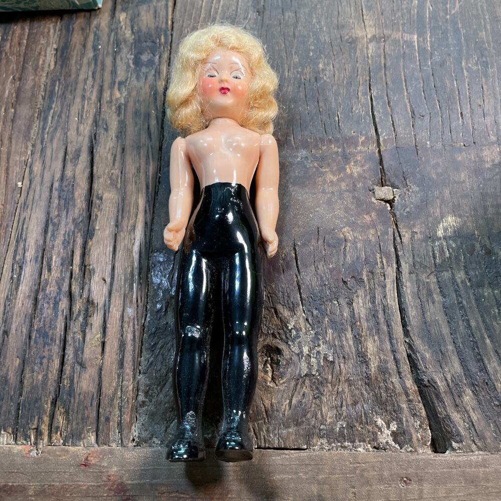 Vintage Hard Plastic Girl Doll Curly Blonde Red Check Black Pants 7.5 Inch Tall